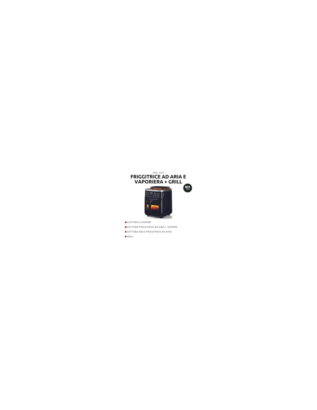 Ariete 4636 Friggitrice ad Aria, Funzione Vapore, Grill, 1700W, 10 Funzioni, Cestello Trasparente, Timer, Nero