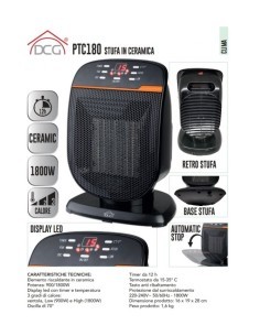 Stufa in Ceramica, Potenza 900/1800W, Timer 12h, Termostato 15-35°C, Oscillazione 70°, 16x19x28 cm, 1,6 kg