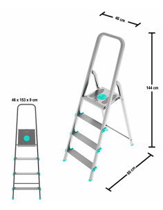 Scala LIBELLULA, alluminio, 4 gradini, antiscivolo, maniglione di sicurezza, silver, Made in Italy