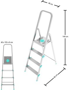 Scala LIBELLULA, alluminio, 4 gradini, antiscivolo, maniglione di sicurezza, silver, Made in Italy