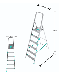 Scala LIBELLULA, alluminio, 6 gradini, antiscivolo, maniglione sicurezza, 51x111x189 cm, silver