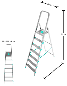 Scala alluminio, 7 gradini, portata 150 kg, maniglione, piattaforma ampia, 53x124x212 cm, Colombo S107A07W