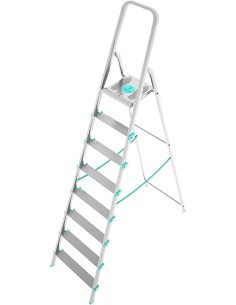 Scala alluminio, 8 gradini, portata 150 kg, antiscivolo, maniglione sicurezza, 56x140x233 cm, Silver