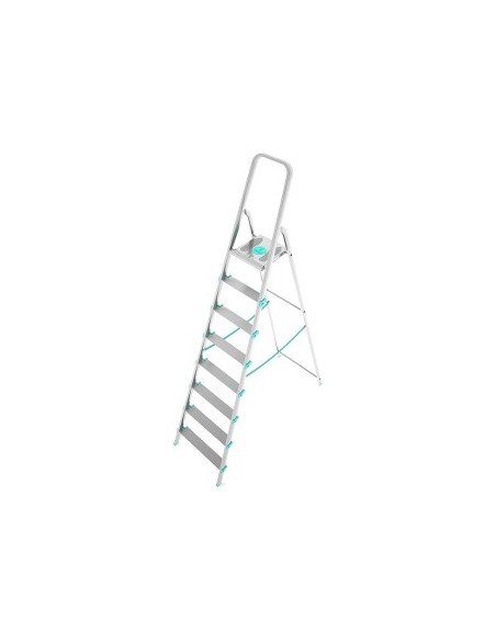 Scala alluminio, 8 gradini, portata 150 kg, antiscivolo, maniglione sicurezza, 56x140x233 cm, Silver