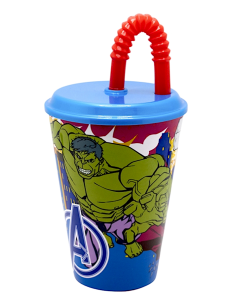 BICCHIERE  DI PLASTICA 430ML CON CANNUCCIA AVENGERS, SUPEREROI, PER BAMBINI