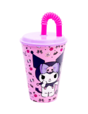 BICCHIERE 430ML KUROMI IN PLASTICA ROSA RIUTILIZZABILE CON CANNUCCIA E COPERCHIO PER BAMBINI