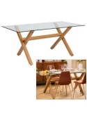 Tavolo da pranzo Jorel, 180x90 cm, vetro temperato, metallo effetto rovere, rettangolare