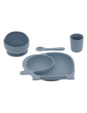 Set Pappa, 4 Pezzi, Elefante Yum, Silicone, Blu Grigio, Piatto Ventosa, Ciotola, Bicchiere, Cucchiaio