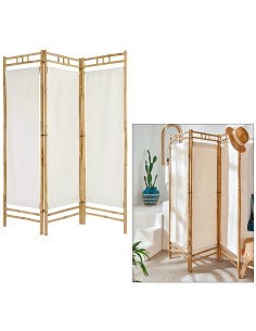 Paravento, Kael, 135,5 x 170 cm, Bambù, Tessuto Bianco, 3 Pannelli, Pieghevole