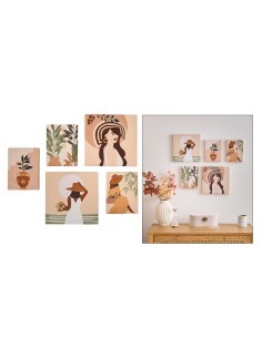 Set 5 tele stampate, Cynthia, donna, design moderno, MDF, 25 x 25 cm, colori pesca, arte decorativa