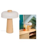 Lampada fungo Pola, bianca, 36 cm altezza, doppio attacco E27, legno Hevea e acciaio, collezione Modern Flow