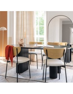 Sedia Jaisa, seduta in tessuto beige, schienale in legno, gambe in metallo, 50 x 50 x 81 cm