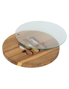 Servizio formaggio Mina, vassoio in acacia, copertura in vetro temperato, 3 utensili inclusi, diametro 30 cm, marrone