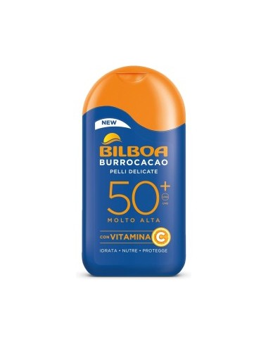 Bilboa Burrocacao Latte Solare SPF 50+, Protezione Solare Molto Alta per Pelli Sensibili, Formula con Vitamina C, 200 ml