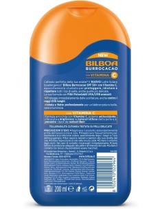 Bilboa Burrocacao Latte Solare SPF 50+, Protezione Solare Molto Alta per Pelli Sensibili, Formula con Vitamina C, 200 ml