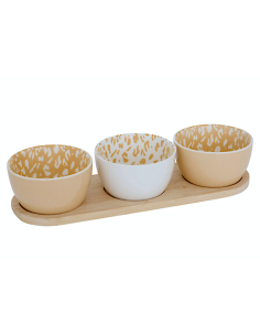 Servizio aperitivo 4 pezzi, coppette stoneware, vassoio bambù, beige e moka, design elegante, 30x10x6 cm