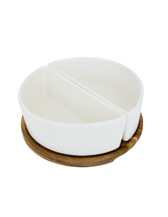 Servizio aperitivo 3 pezzi, stoneware bianco, vassoio con 2 coppette, collezione Elegance, design raffinato, diametro 20 cm