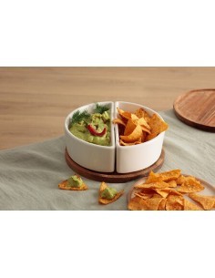 Servizio aperitivo 3 pezzi, stoneware bianco, vassoio con 2 coppette, collezione Elegance, design raffinato, diametro 20 cm