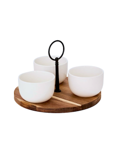 Servizio aperitivo 4 pezzi, vassoio in acacia, coppette in new bone china, bianco, collezione Elegance, diametro 19,5 cm