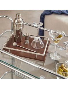 Set cocktail Jules, trasparente, acciaio inox e vetro, con vassoio MDF, collezione Sky Lounge, 31,5x12,2x23,5 cm