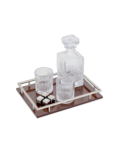 Set whisky Jules, caraffa e 2 bicchieri, vetro trasparente, base in MDF, collezione Sky Lounge, 31,6x11,5x23,4 cm