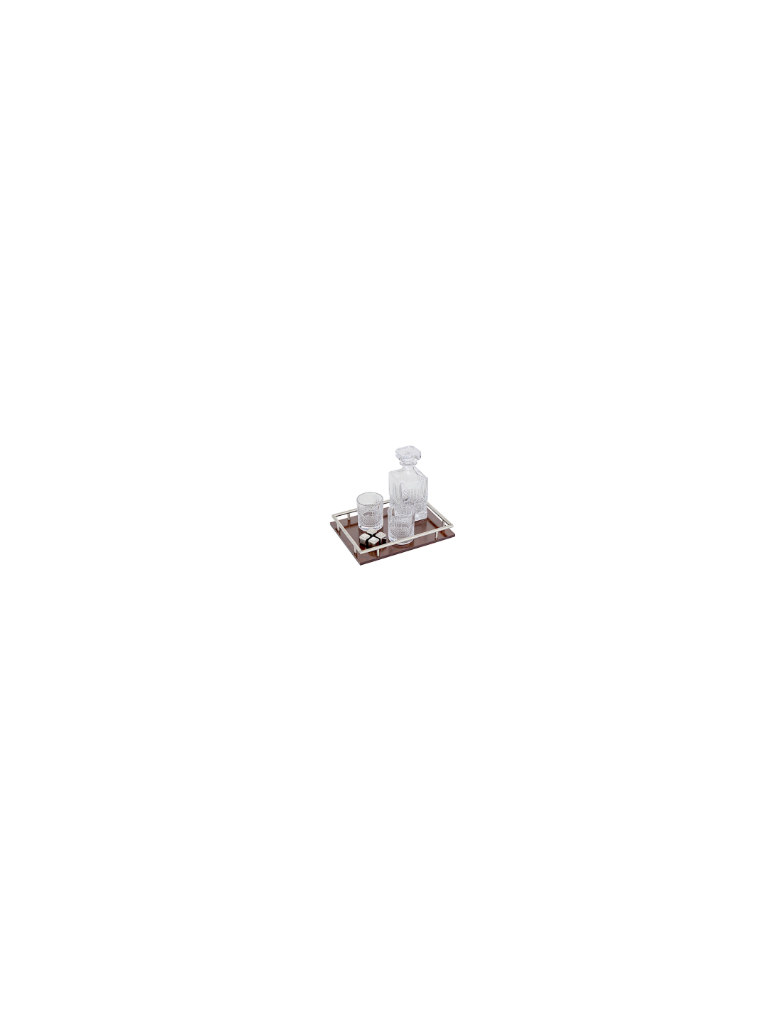 Set whisky Jules, caraffa e 2 bicchieri, vetro trasparente, base in MDF, collezione Sky Lounge, 31,6x11,5x23,4 cm