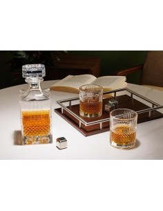 Set whisky Jules, caraffa e 2 bicchieri, vetro trasparente, base in MDF, collezione Sky Lounge, 31,6x11,5x23,4 cm