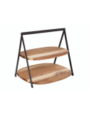 Vassoio a 2 piani Mina, legno di acacia e struttura in metallo nero, moderno, smontabile, 27,5x25,5x25 cm