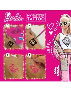 BARBIE, MY GLITTER TATTOO, KIT CREATIVO, TATUAGGI GLITTER, BAMBINI, GIOCHI CREATIVI