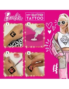 BARBIE, MY GLITTER TATTOO, KIT CREATIVO, TATUAGGI GLITTER, BAMBINI, GIOCHI CREATIVI