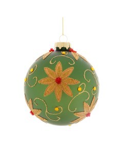 Sfera di Natale Verde Fiori 10cm Vetro, Pallina Natalizia, Decorazioni Albero, La magia di Natale per la casa