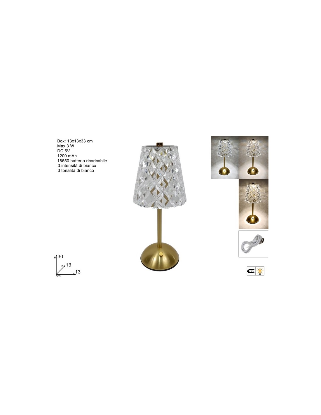 LAMPADA LED RICARICABILE CON BASE METALLO ORO