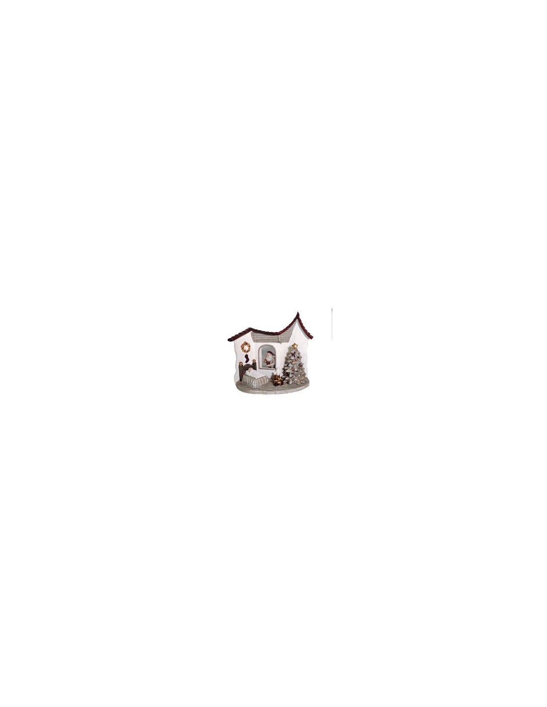 STATUA RESINA CASETTA BABBO NATALE GRIGIO CON LED 18X11X17CM