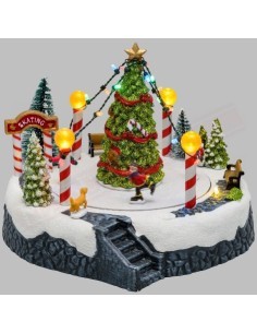 Villaggio Paesaggio Innevato con Pattinatori e Albero di Natale - Musica e Giochi di Luce LED H18,5cm
