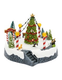 Villaggio Paesaggio Innevato con Pattinatori e Albero di Natale - Musica e Giochi di Luce LED H18,5cm