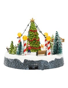 Villaggio Paesaggio Innevato con Pattinatori e Albero di Natale - Musica e Giochi di Luce LED H18,5cm