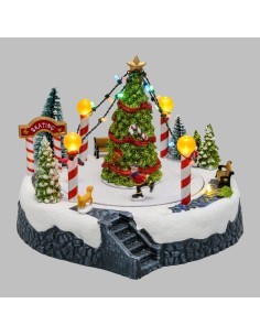 Villaggio Paesaggio Innevato con Pattinatori e Albero di Natale - Musica e Giochi di Luce LED H18,5cm