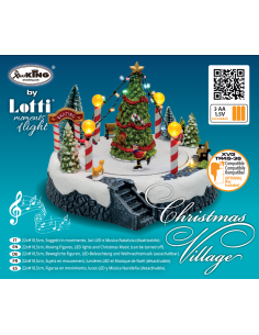 Villaggio Paesaggio Innevato con Pattinatori e Albero di Natale - Musica e Giochi di Luce LED H18,5cm