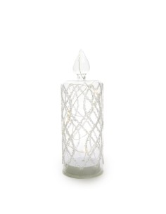 CANDELA VETRO 9X26CM CON PERLINE E LUCI