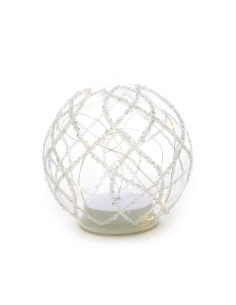 SFERA VETRO 15CM CON PERLINE E LUCI A BATTERIA