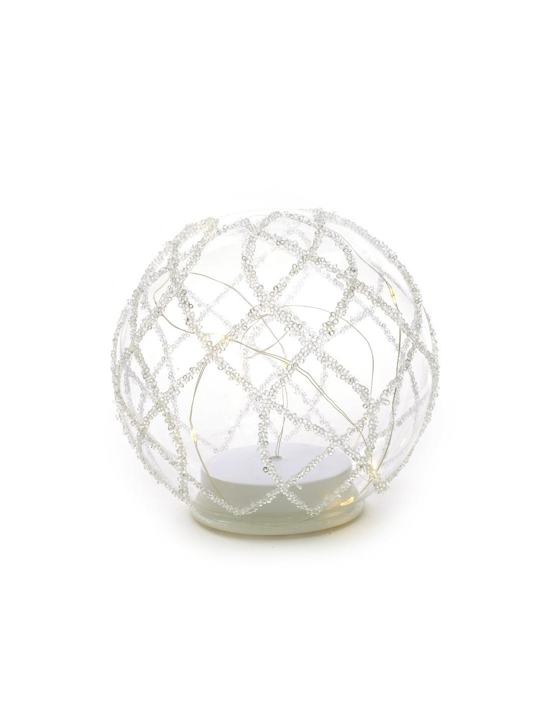SFERA VETRO 15CM CON PERLINE E LUCI A BATTERIA