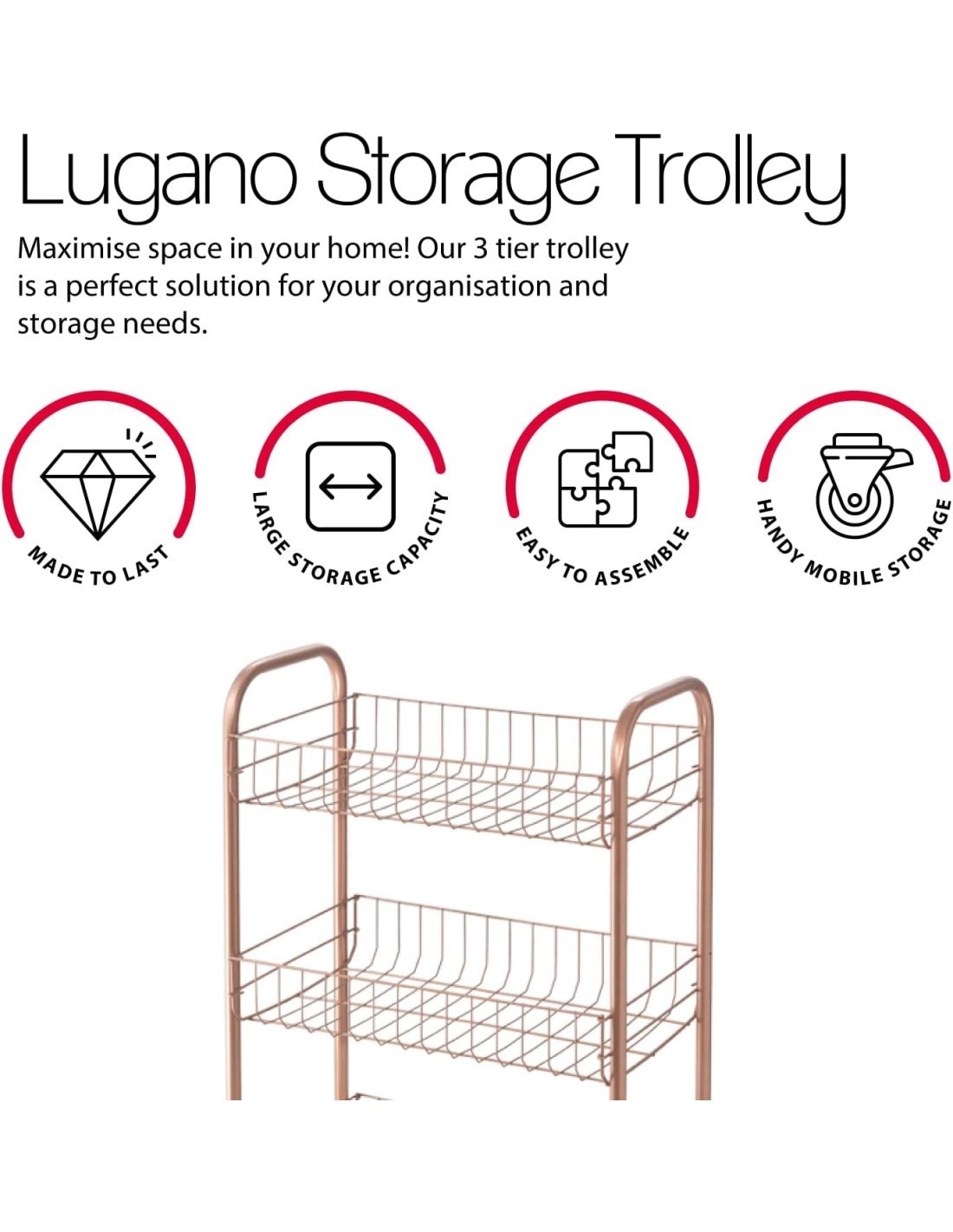 LUGANO COPPER CARRELLO 3 PIANI 41X23X63CM METALTEX su TreG Ingrosso