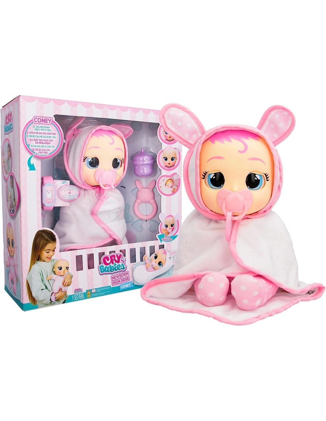 Cry Babies Newborn Coney Deluxe Interattiva, Bambola Neonata con Braccialetto Elettronico, Lacrime Vere e Suoni