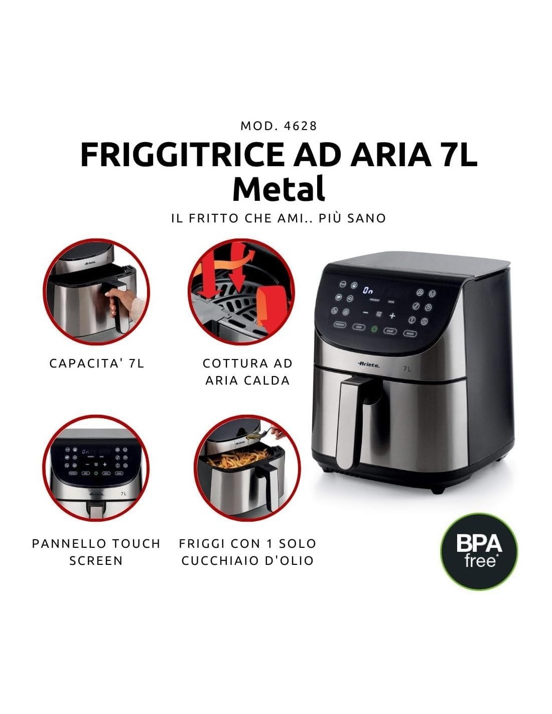 Ariete 4628 Friggitrice ad Aria 7L con 12 Programmi Preimpostati e Funzione Max Crisp