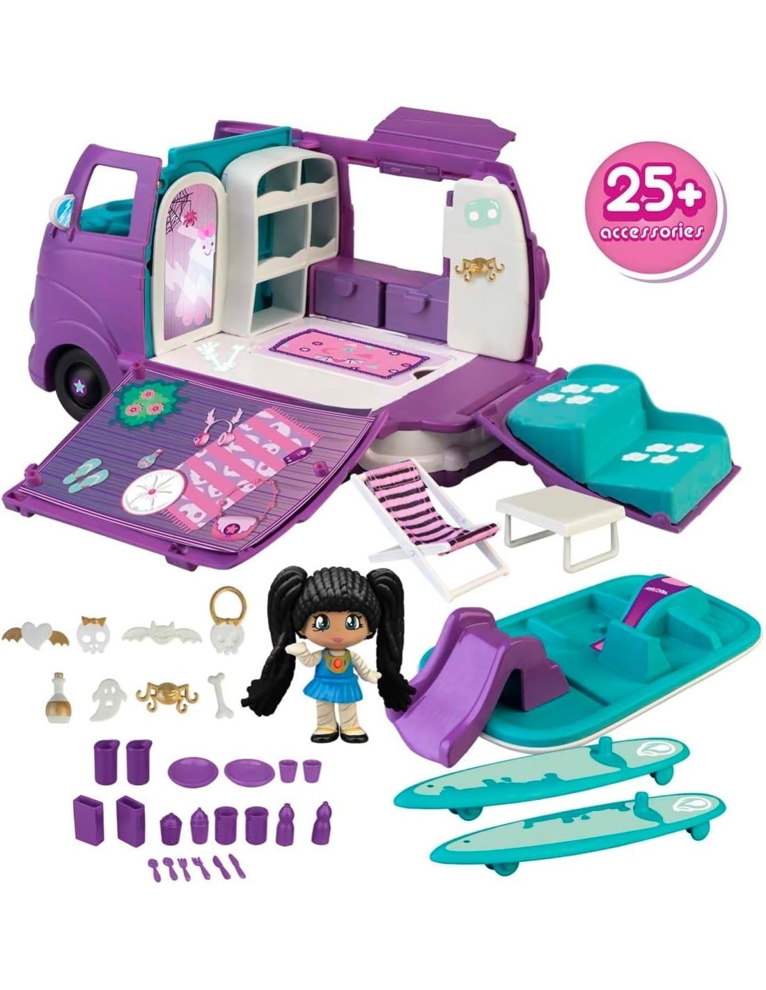 Pinypon Terrific Van, Tetto Trasformabile in Barca con Scivolo, Personaggio Mummia, per Bambini 4+ Anni, Famosa