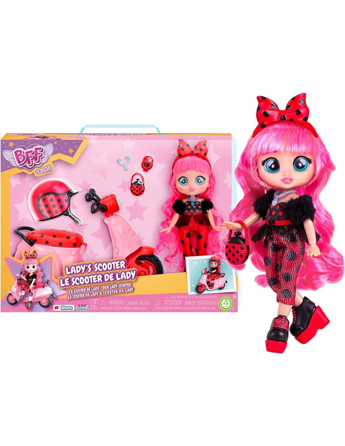 BFF by Cry Babies Lady, playset bambola, scooter con 10 accessori, outfit trendy, giocattolo per bambini +3 anni