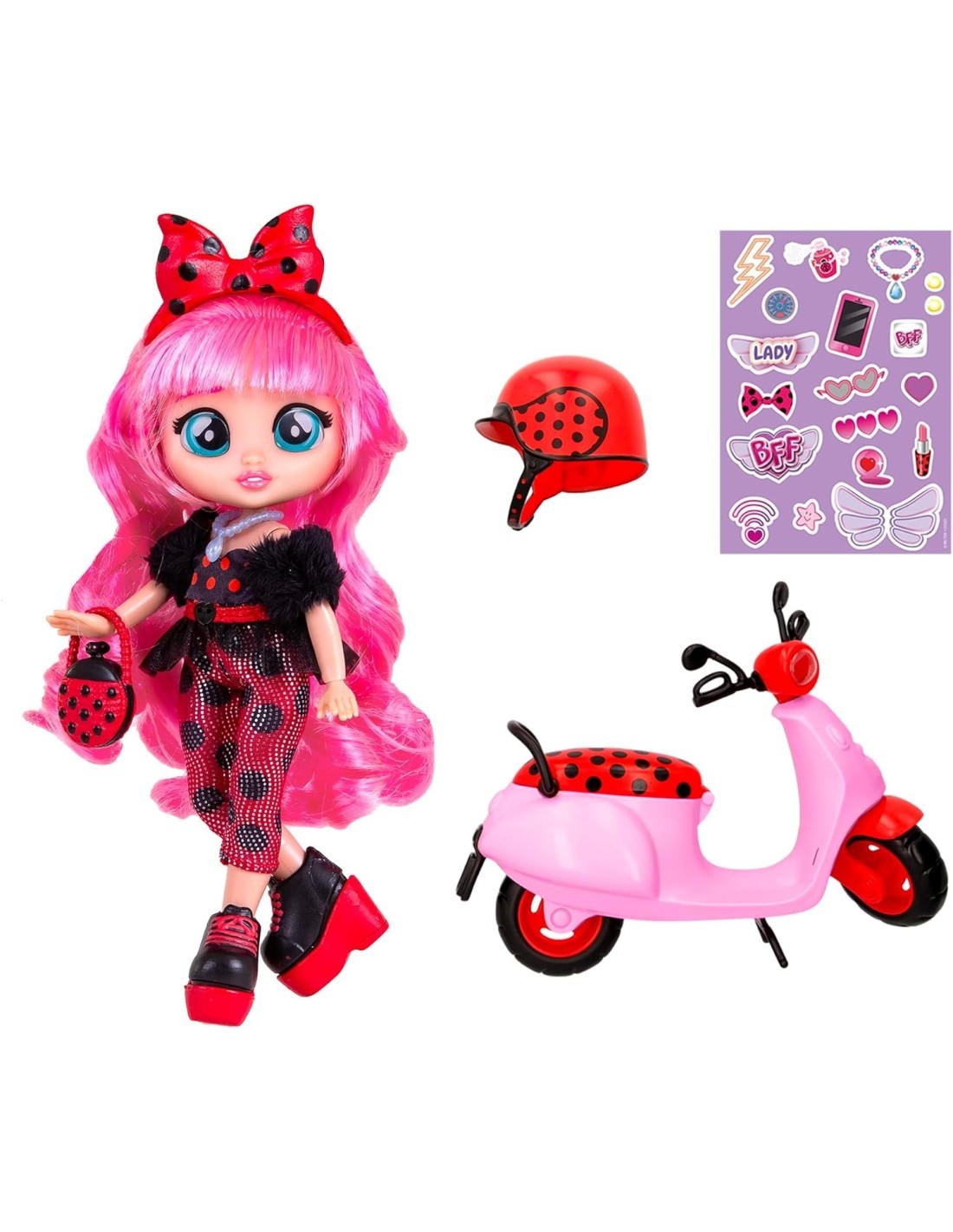 BFF by Cry Babies Lady, playset bambola, scooter con 10 accessori, outfit trendy, giocattolo per bambini +3 anni
