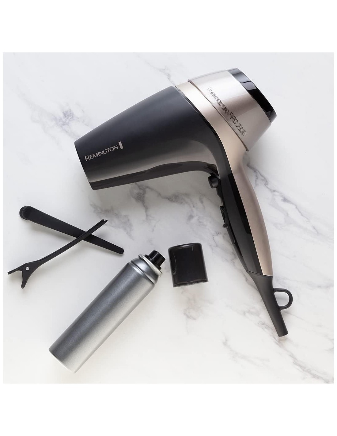 Remington D5715 Asciugacapelli Thermacare Pro, Ionico, 2300W, Diffusore e Concentratore, Basso Rumore, Nero e Grigio