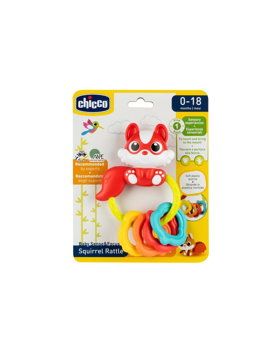 Chicco Trillino Scoiattolo, Sensoriale, Motricità Fine, Ghiande per Dentizione, Suono Tintinnante, Anello Facile da Impugnare