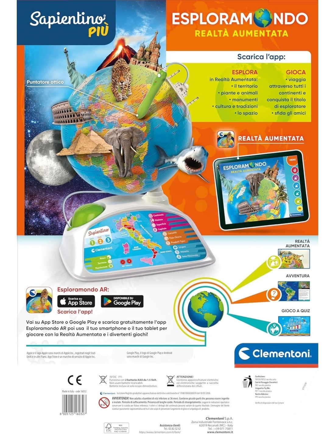 SAPIENTINO CLEMENTONI ESPLORAMONDO REALTA' AUMENTATA educativo parlante con 3 modalità di gioco PER BAMBINI